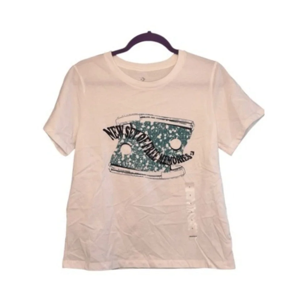 Converse Green High Tops‎ Graphic Tee White Green Knit Short Sleeve L